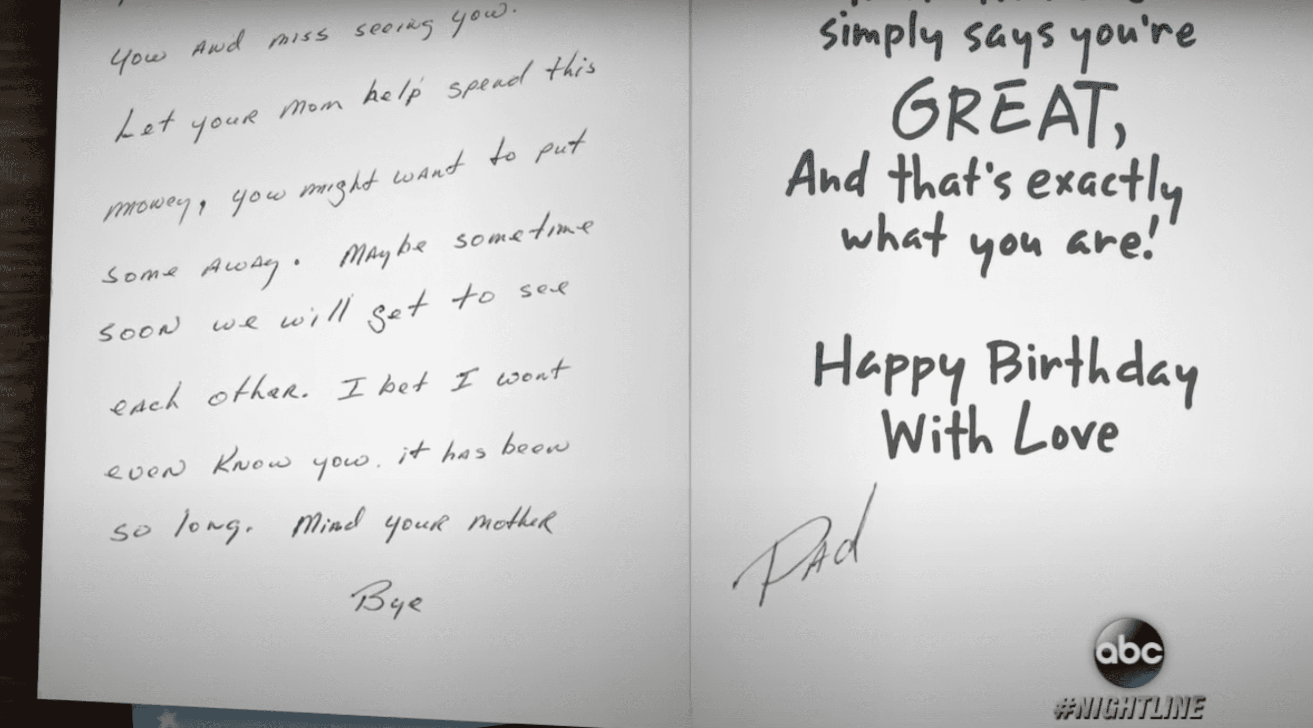 The last birthday card Doug received from his father. | Source: YouTube.com/ABC News