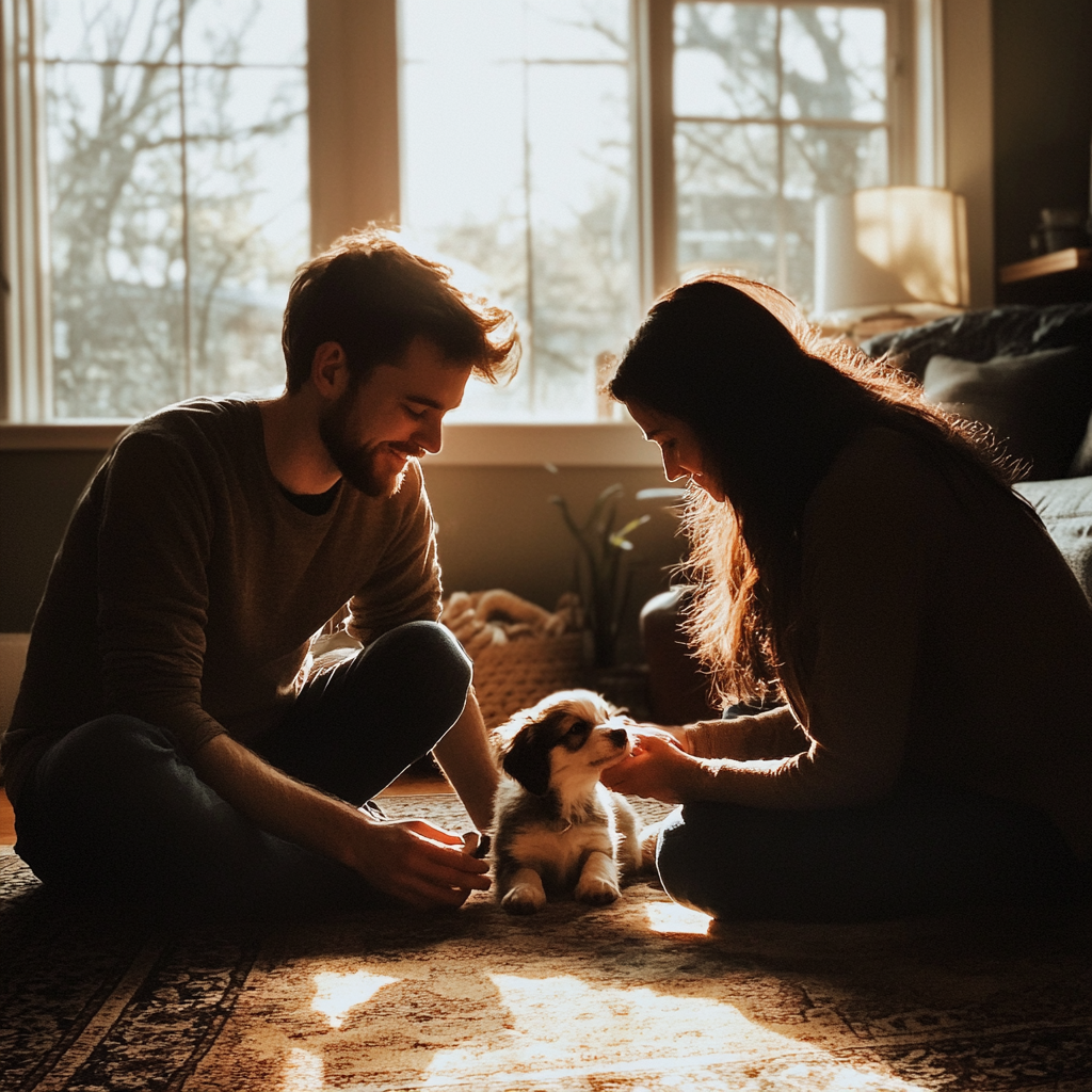 A couple with their puppy | Source: Midjourney