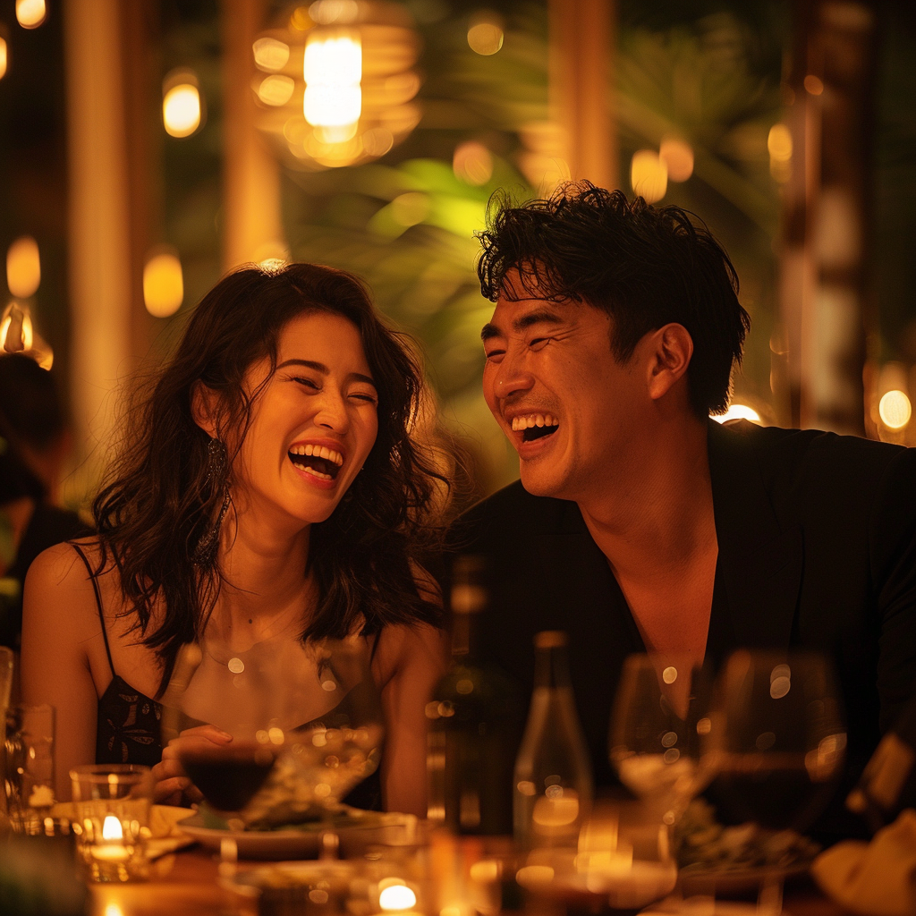 A happy couple at a table | Source: Midjourney