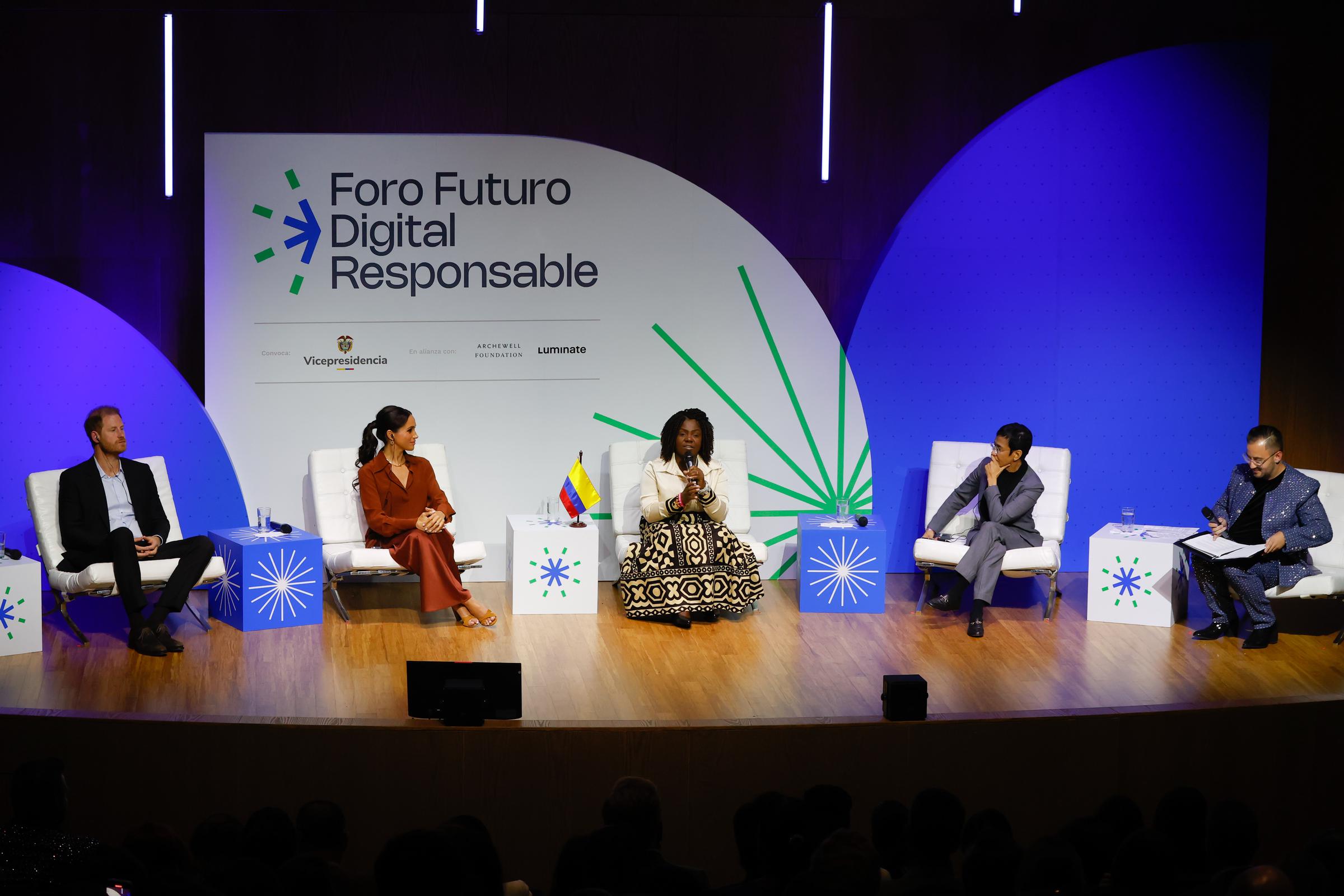 Prince Harry, Duke of Sussex, Meghan, Duchess of Sussex, and Vice President of Colombia, Francia Marquez attend'Responsible Digital Future' forum at EAN University in Bogota, Colombia on August 15, 2024 | Source: Getty Images