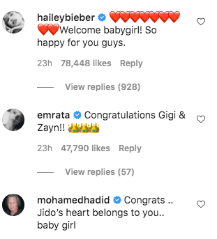 A screenshot of Hailey Beiber's comment on Gigi Hadid's post on her instagram page | Photo: instagram.com/gigihadid/