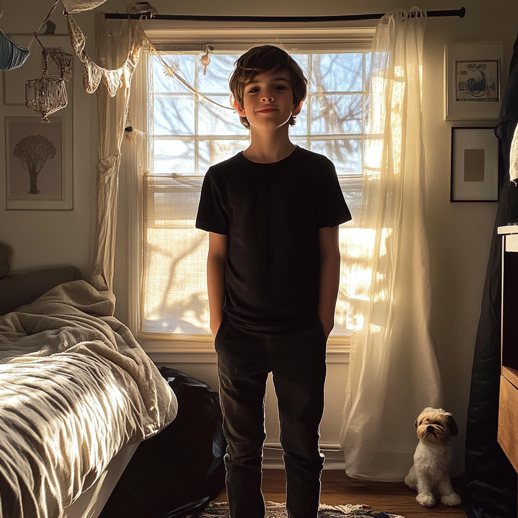 A smiling boy in his bedroom | Source: Midjourney