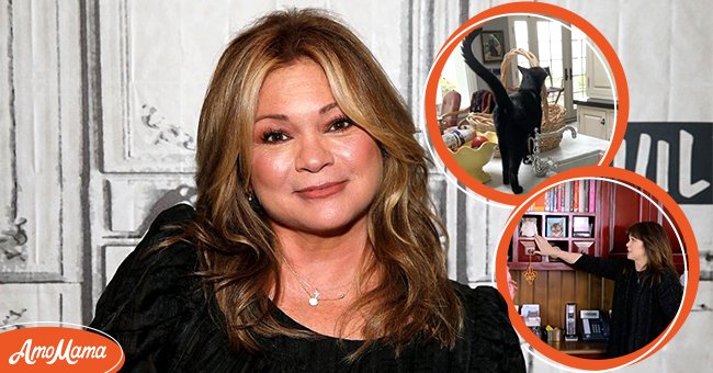 Valerie Bertinelli at the Build Series on August 21, 2019, in New York [left], Photo of Valerie Bertinelli's cat in her kitchen [top right], Valerie Bertinelli in her home office [bottom right] | Source: Getty Images, Instagram.com/wolfiesmom, Youtube.com/Rachael Ray Show