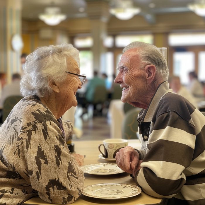 An elderly couple meeting in a nursing home's café | Source: Midjourney