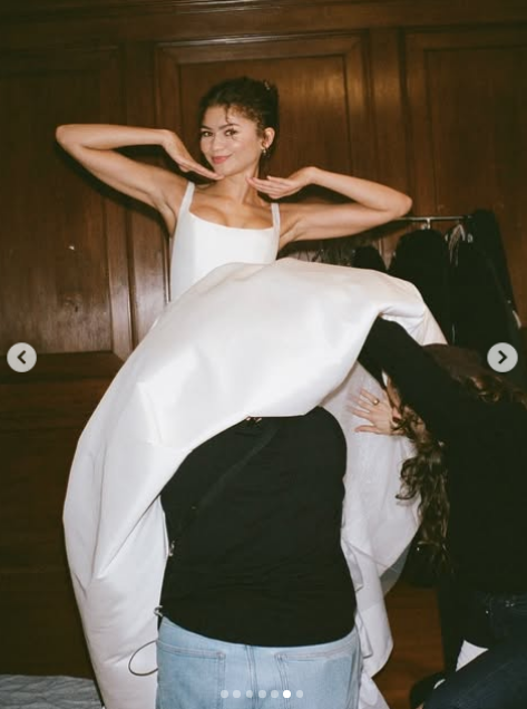 It was celebrity stylist Law Roach who revealed to the public that the couple was already married. Zendaya posed in a wedding dress backstage while filming the movie "The Drama" in this photo uploaded on April 3, 2026. | Source: Instagram/zendaya