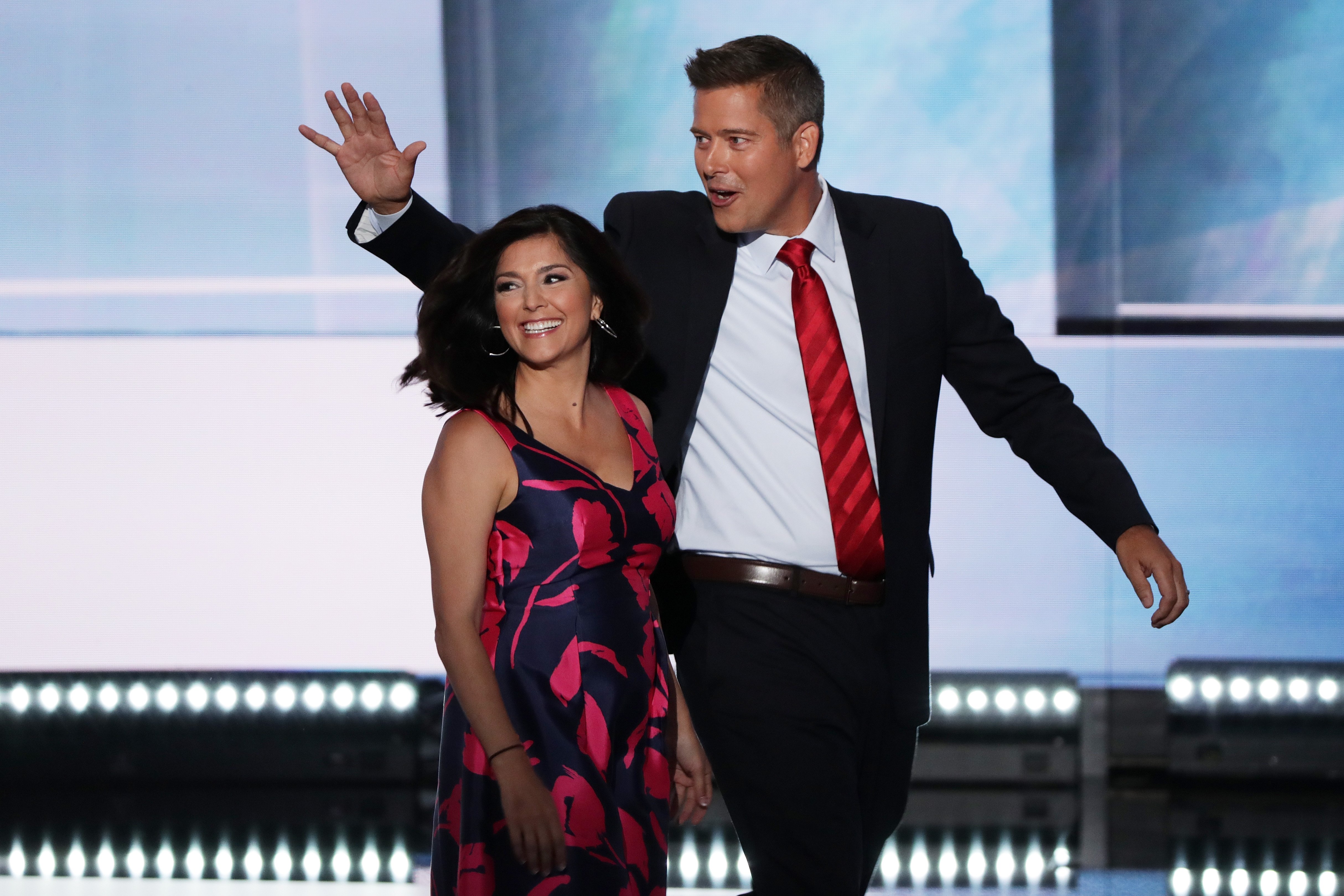 Sean Duffy along with his wife Rachel Campos-Duffy walk on stage on July 18...