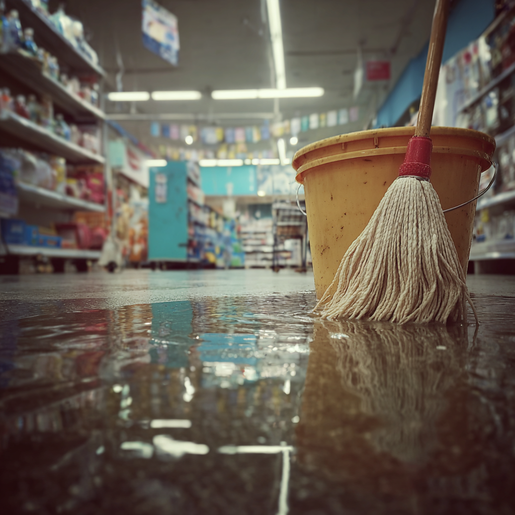 A mop and bucket of water on a grocery store floor | Source: Midjourney