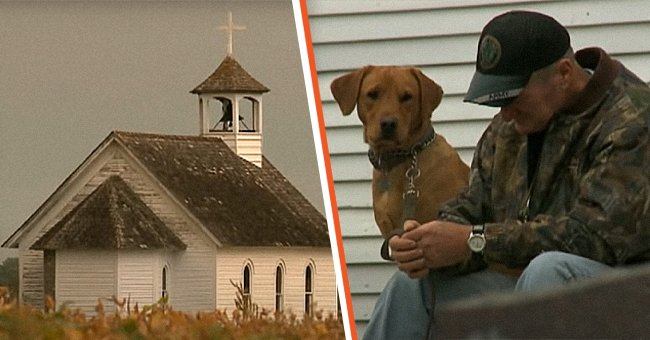 The old church building [Left]; Greg Thomas pictured with his dog on the chapel's steps [Right]. | Source: youtube.com/WAVY TV 10 