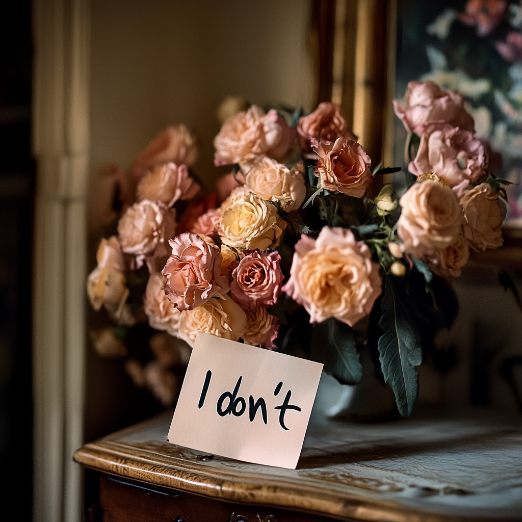 A note next to a bouquet of flowers | Source: Midjourney