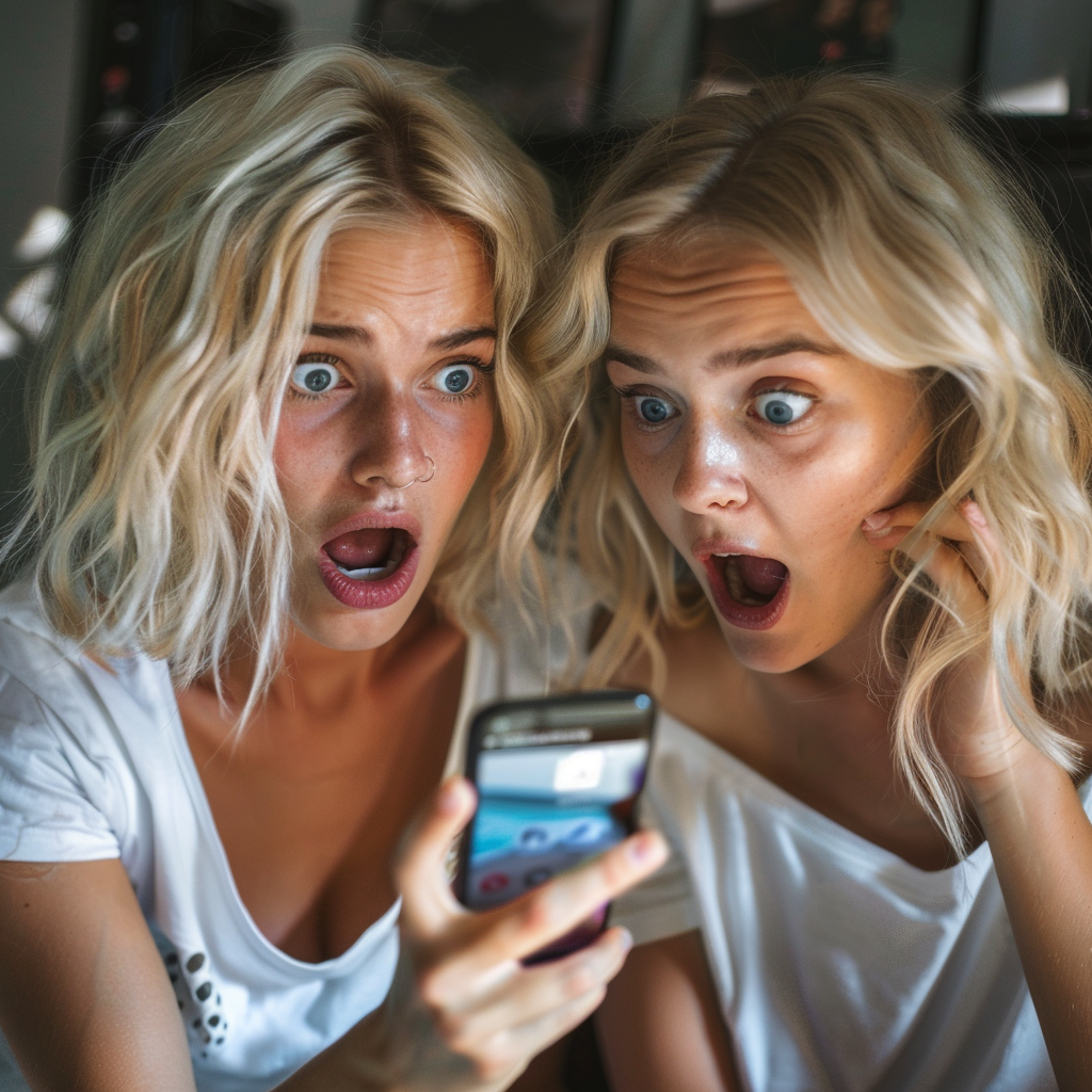 Lilian and Hailey shocked while staring at a smartphone | Source: Midjourney