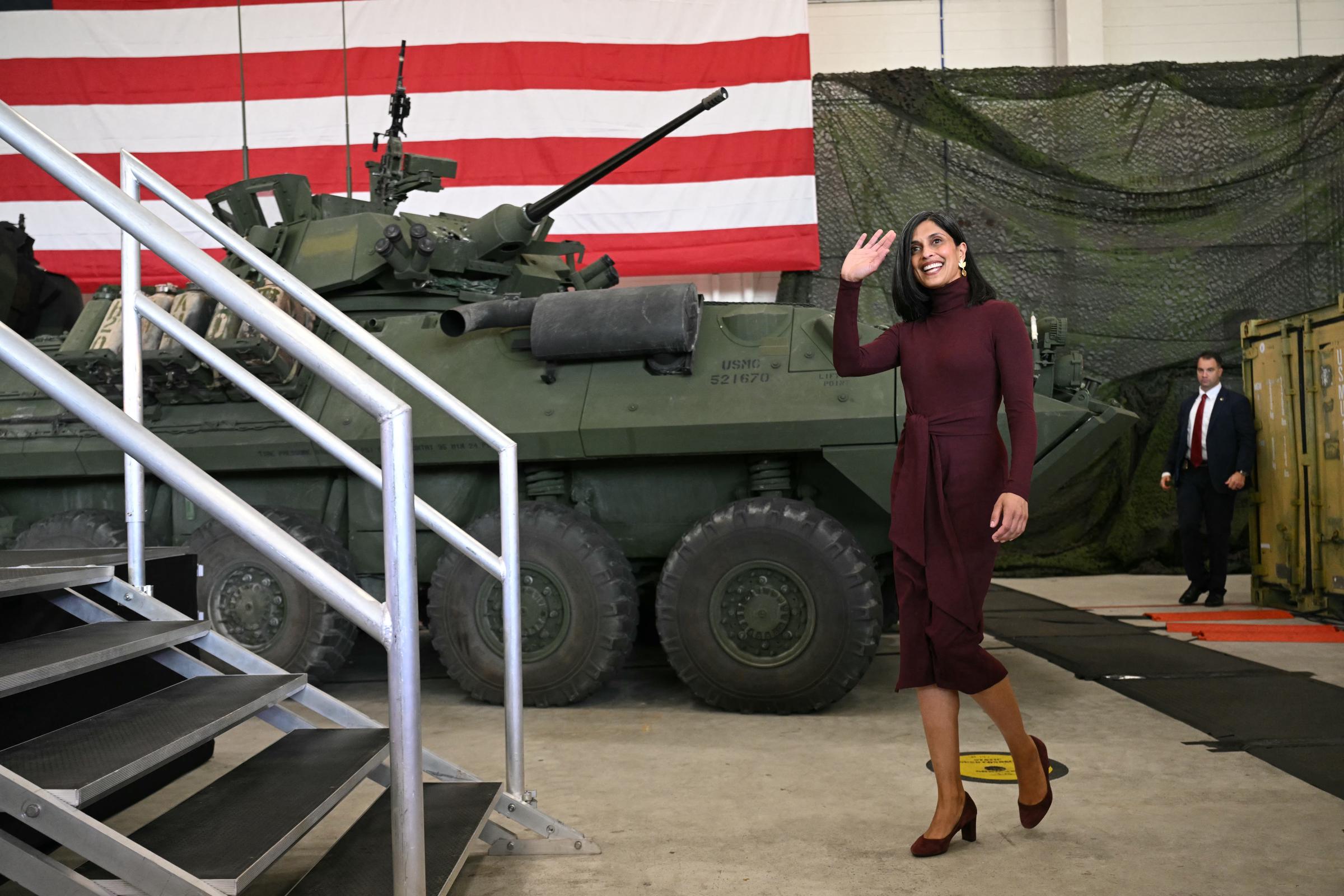Second Lady Usha Vance delivers remarks to military personnel and their families during a visit to MV-22 Mega Hangar on Marine Corps Air Station New River on November 19, 2025 | Source: Getty Images