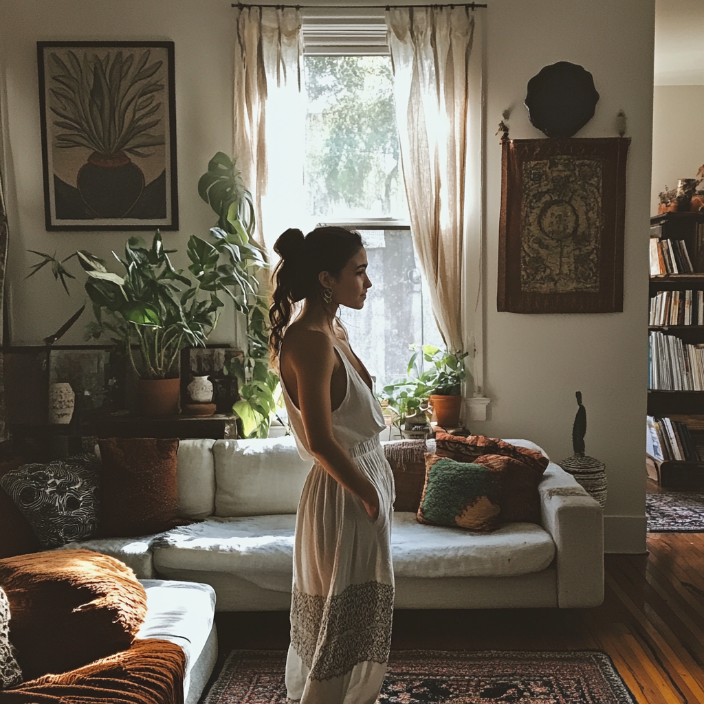 A woman in her living room | Source: Midjourney