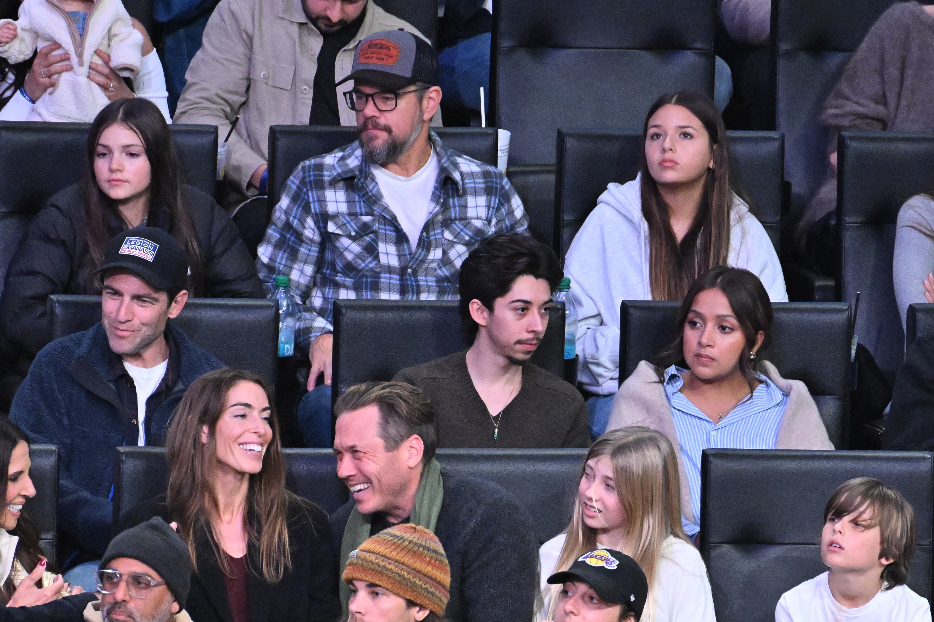 Matt Damon enjoys a courtside outing with daughters Stella Damon and Gia Zavala Damon during an NBA game in Los Angeles. | Source: Getty Images
