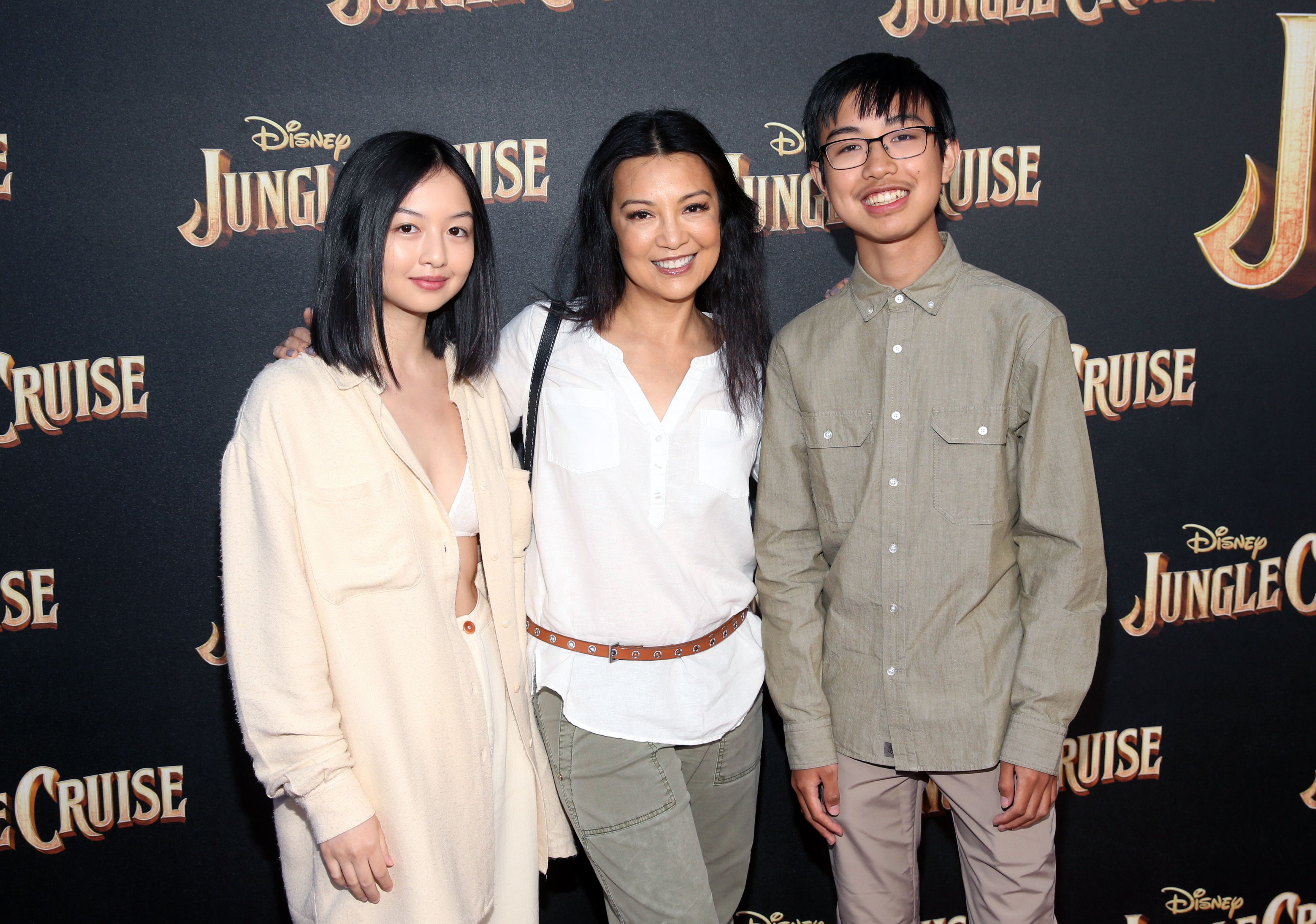 Michaela Zee, Ming-Na Wen, and Cooper Dominic Zee at the world premiere of "Jungle Cruise" on July 24, 2021, in California | Source: Getty Images
