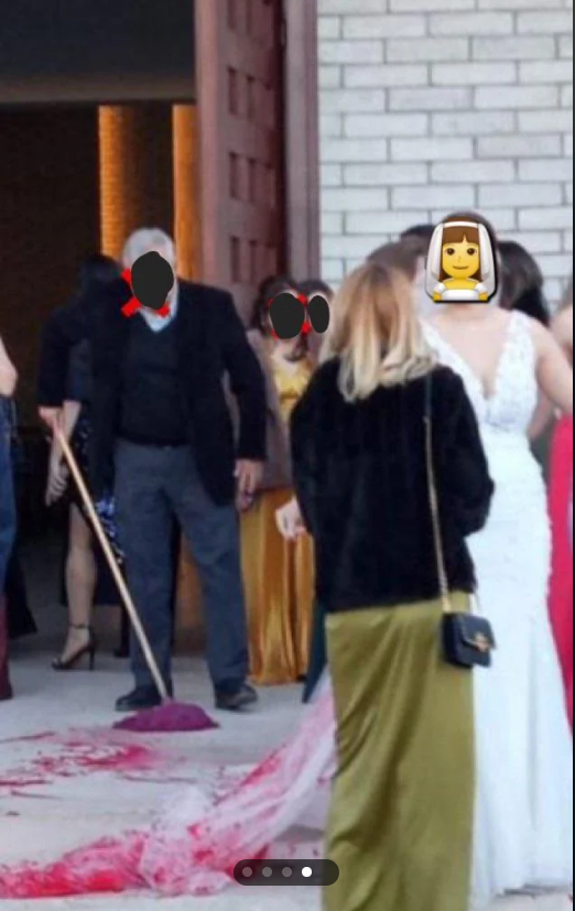 The bride's ruined dress and guests at the wedding | Source: Reddit/r/weddingshaming