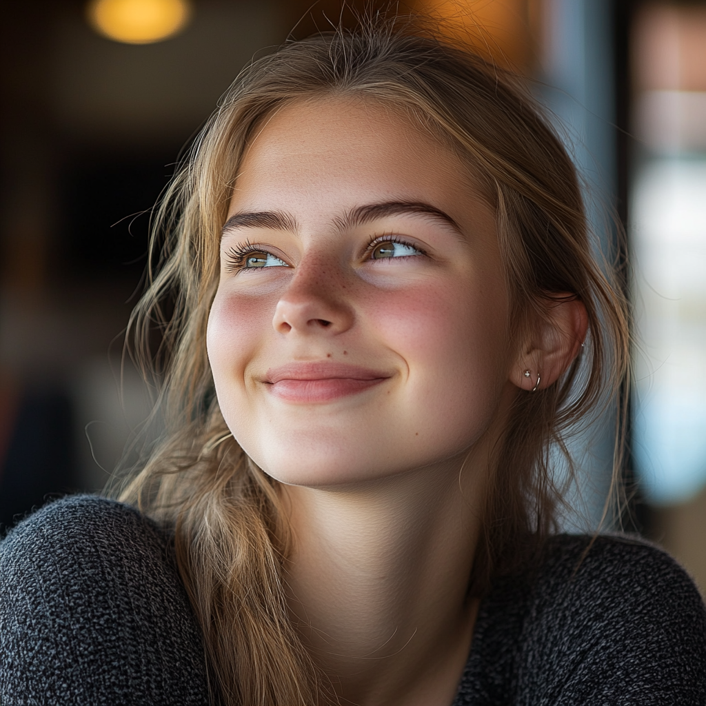 A teenage girl smiles while looking at someone | Source: Midjourney