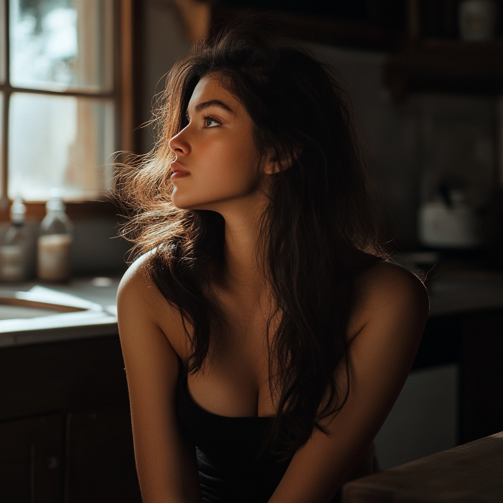 Thoughtful woman in her kitchen | Source: Midjourney