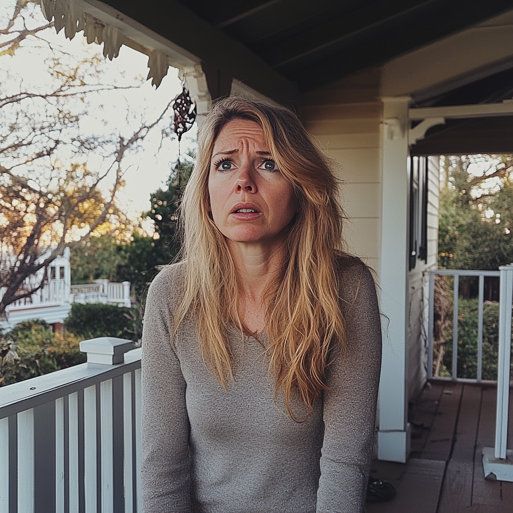 An upset woman standing on a porch | Source: Midjourney