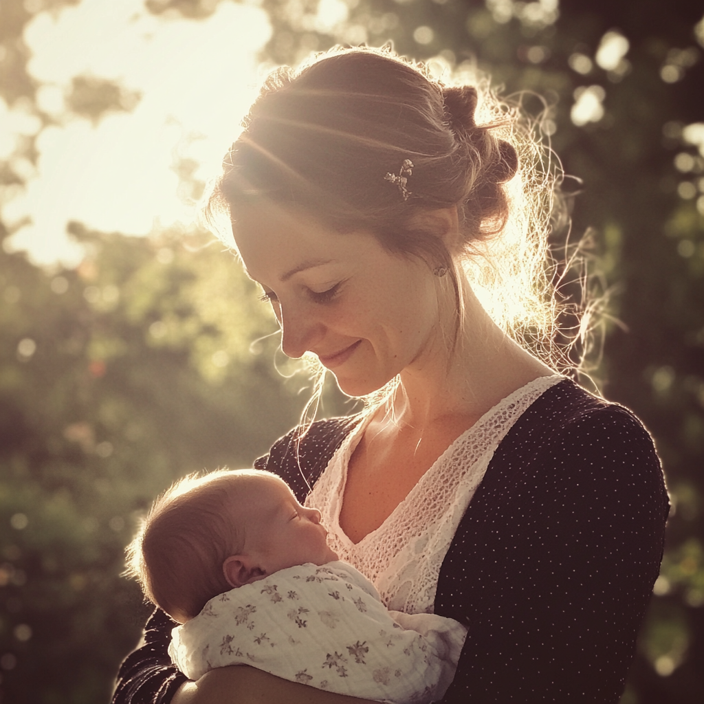 A smiling woman holding her baby | Source: Midjourney