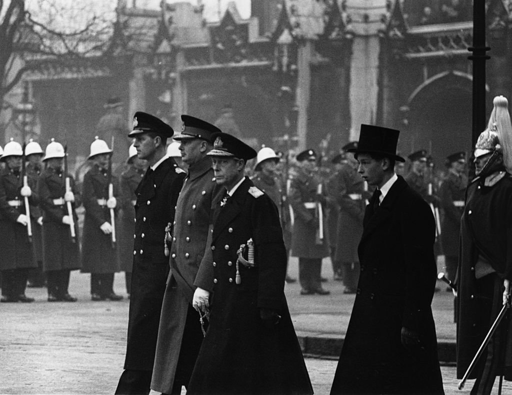 At the funeral of King George VI in London are (from left to right) Prince Philip, Duke of Edinburgh, the Duke of Gloucester, the Duke of Windsor and the Duke of Kent, in 1935. | Source: Getty Images