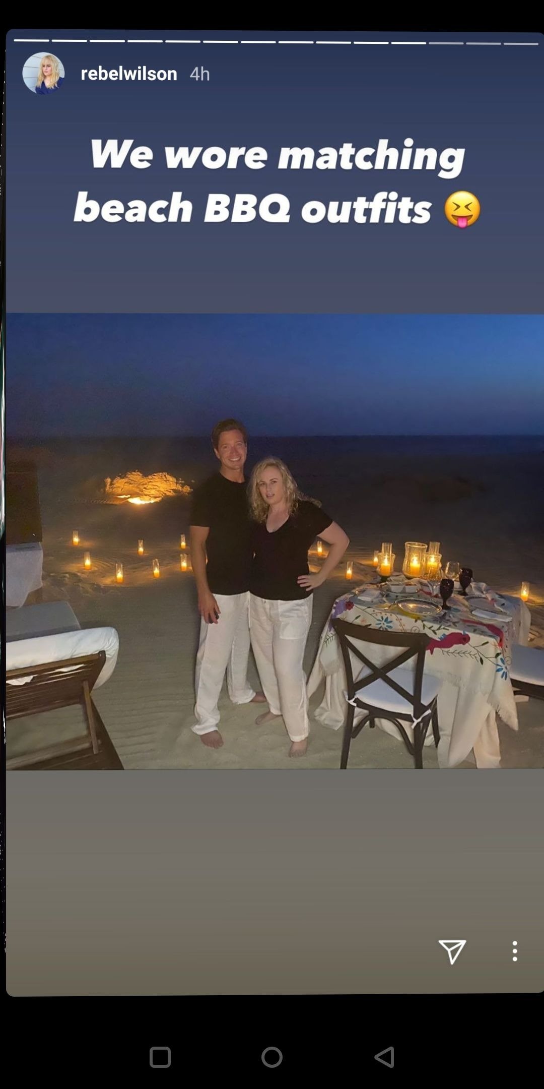 Rebel Wilson enjoying date night with her boyfriend Jacob Busch on a beach in Mexico. | Source: InstagramStories/rebelwilson.