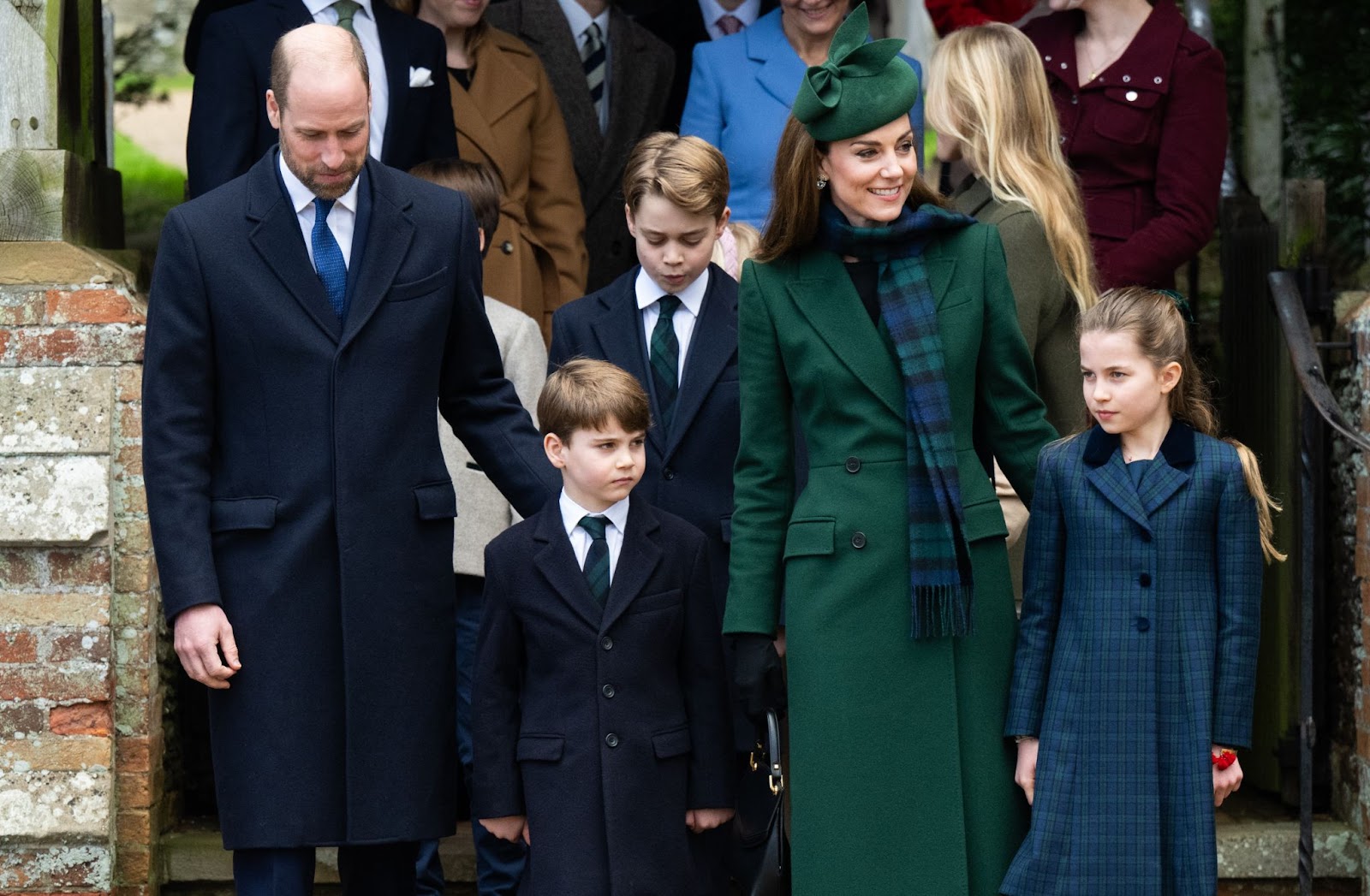 Prince William, Prince Louis, Prince George, Catherine, Princess of Wales, and Princess Charlotte at the Christmas morning service at Sandringham Church. | Source: Getty Images