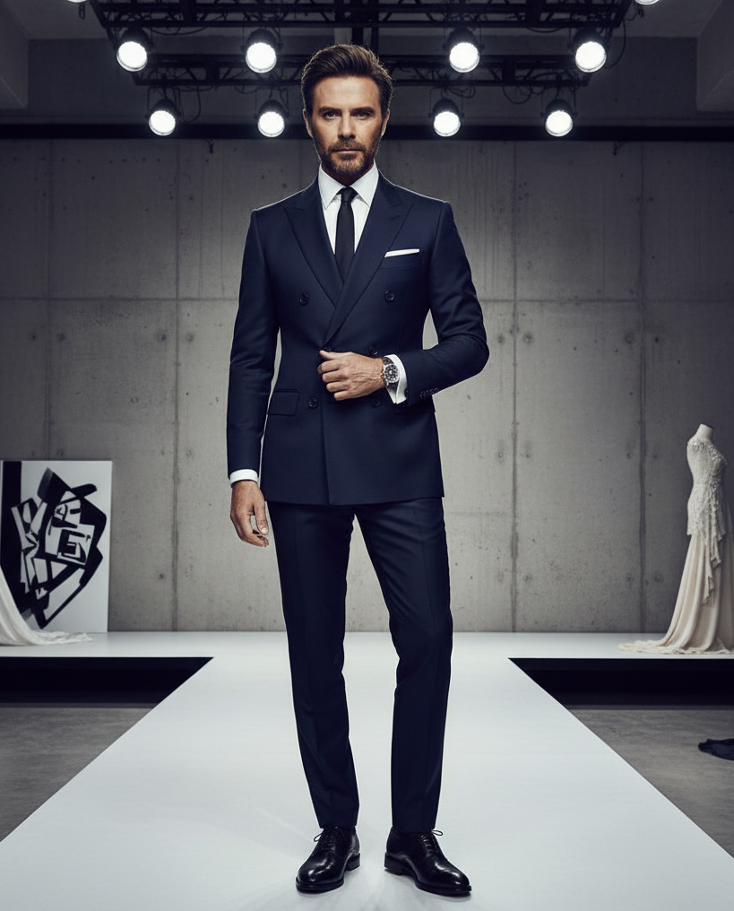 In a full-length reinterpretation, Beckham steps onto a minimalist runway in a double-breasted navy suit, looking every bit the style mogul. With perfect posture and a sharp jaw, he owns the space — less rock star, more designer-in-chief. | Source: Gemini