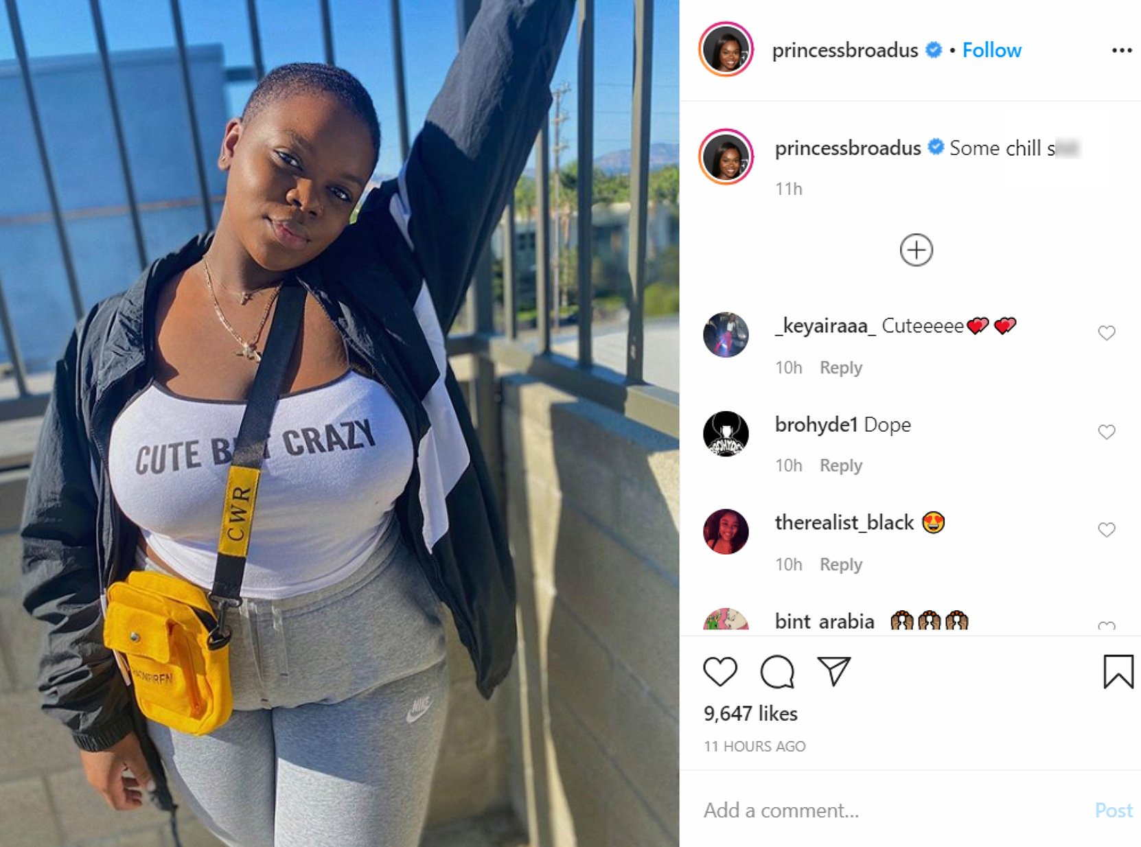 Cori Broadus in a low neck top, black track jacket and Nike pants on May 20, 2020 | Photo: Instagram/princessbroadus