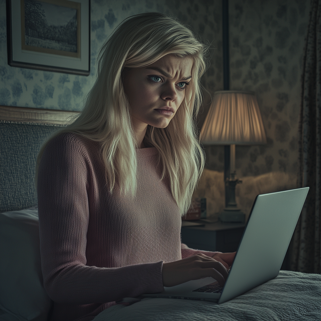 A pensive woman using her laptop in bed | Source: Midjourney