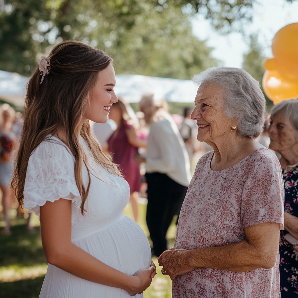 Pregnant woman greeting an older woman at an outdoor party | Source: Midjourney