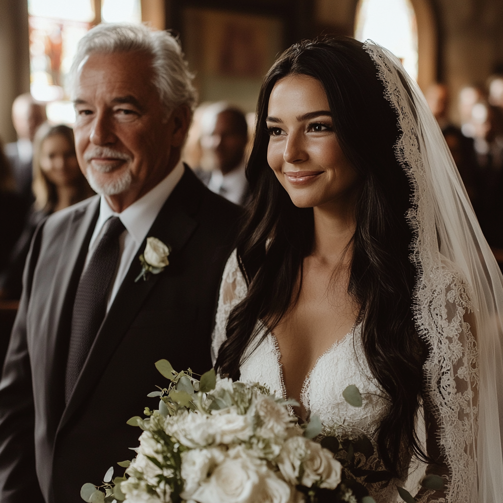 A woman walking down the aisle with her father | Source: Midjourney