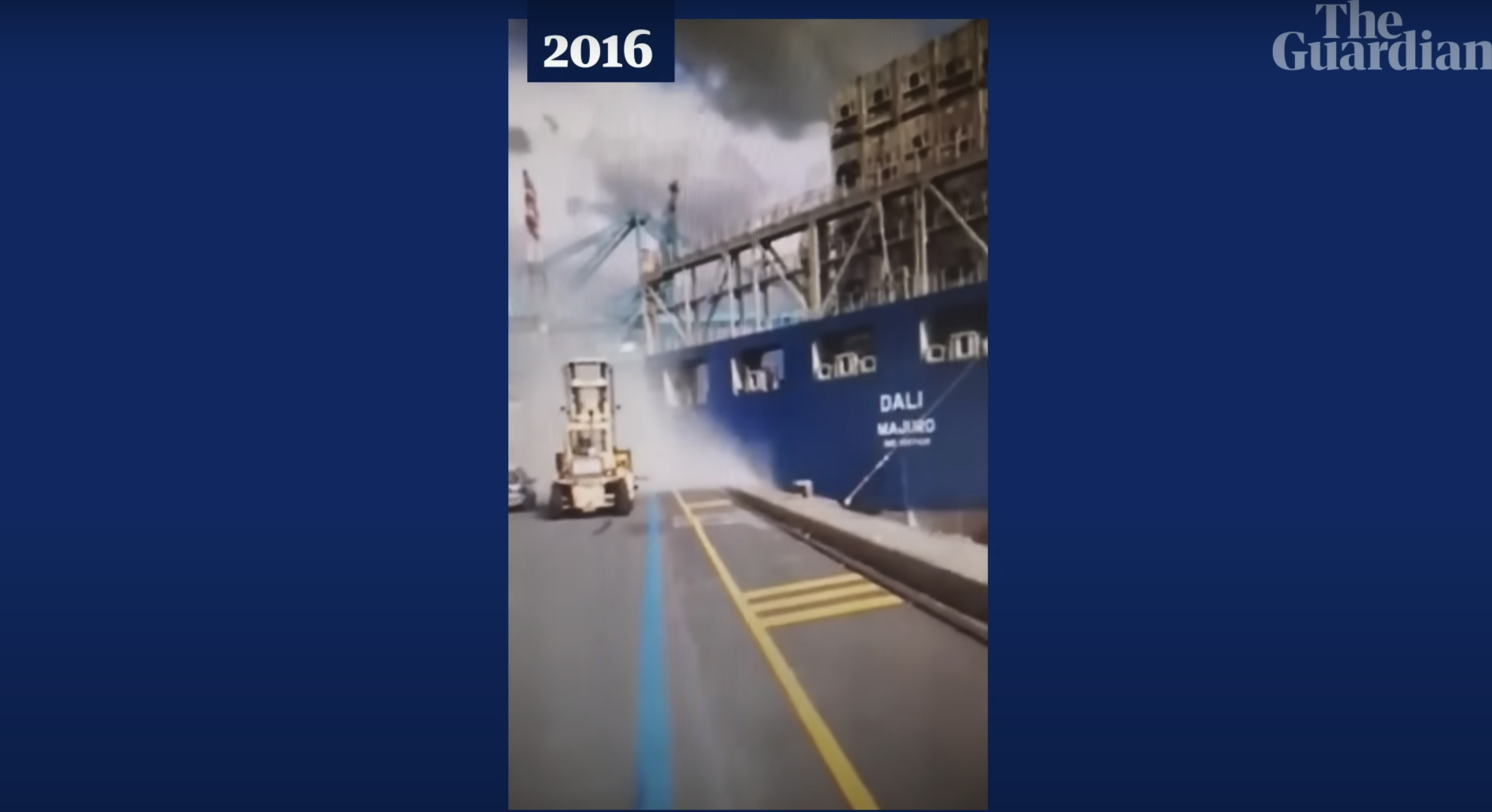A photo of the container ship's bow swinging around and damaging several meters of the hull, as seen in a video dated March 26, 2024 | Source: YouTube/guardiannews