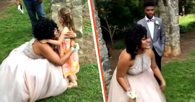 [Left] Kwani Taylor hugs a little girl who thought she was a princess; [Right] Taylor is delighted when a sweet girl interrupts her photoshoot. | Source: youtube.com/Inside Edition
