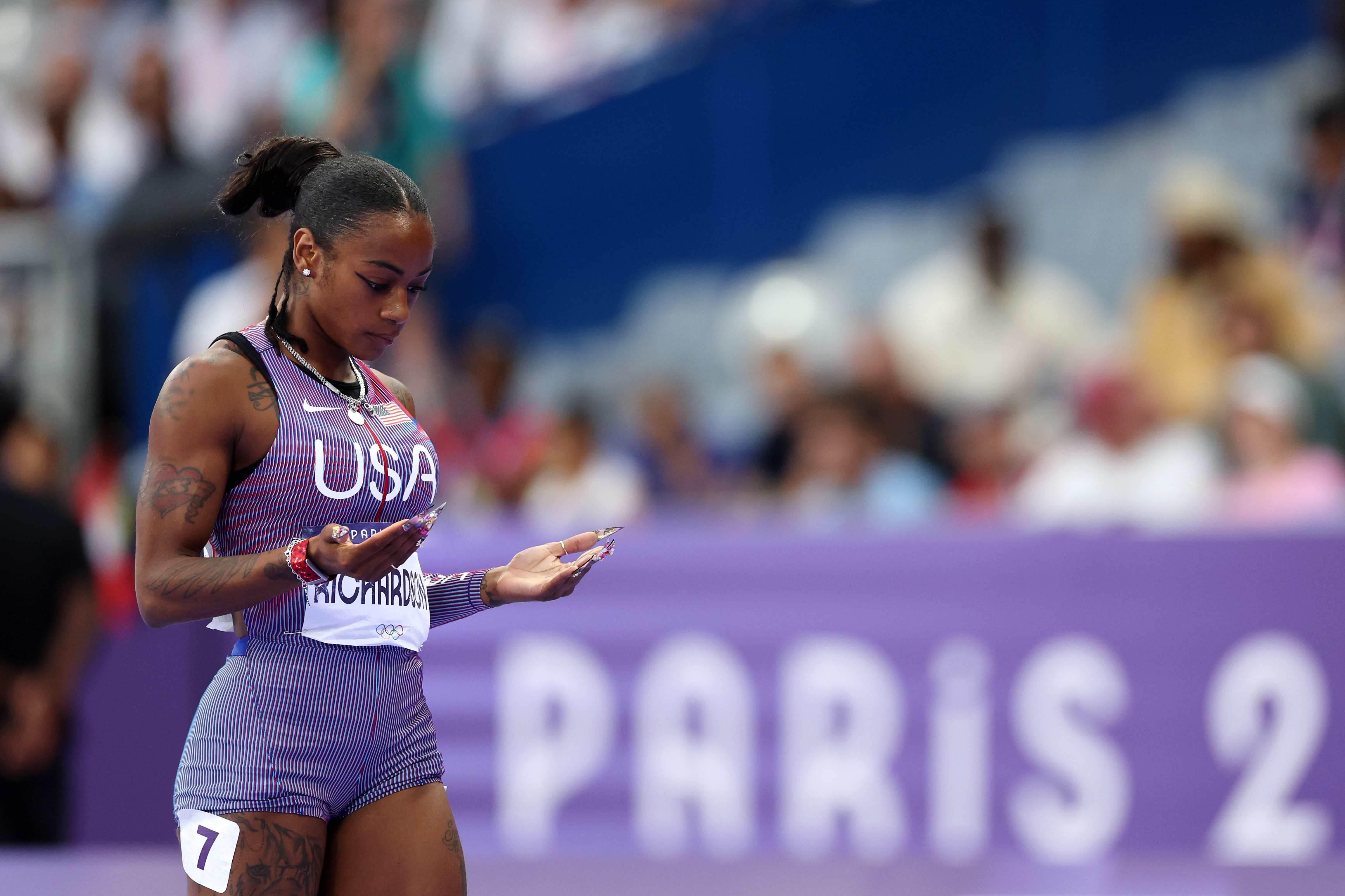 Sha'Carri Richardson during the women's 100m semifinals at the Paris Olympics in Paris, France on August 3, 2024 | Source: Getty Images