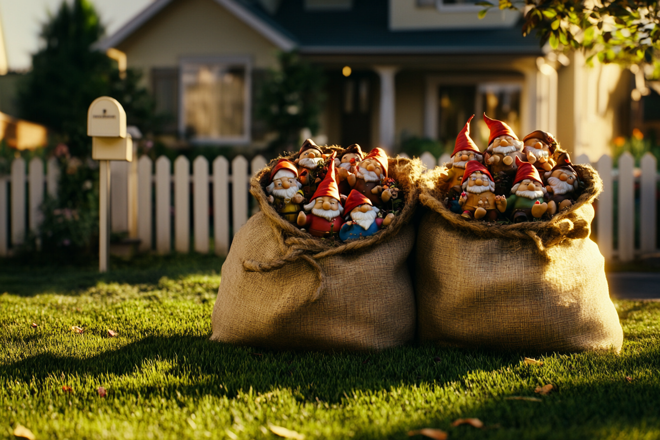 Two sacks filled with garden gnomes on the lawn | Source: Midjourney