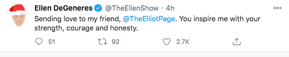 A screenshot of Ellen Degeneres' reply to Elliot Page's Tweet. | Photo: Twitter/theellenshow