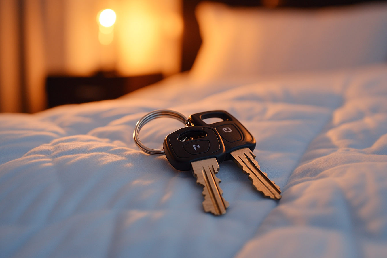 A closeup shot of car keys lying on the bed at night | Source: Midjourney