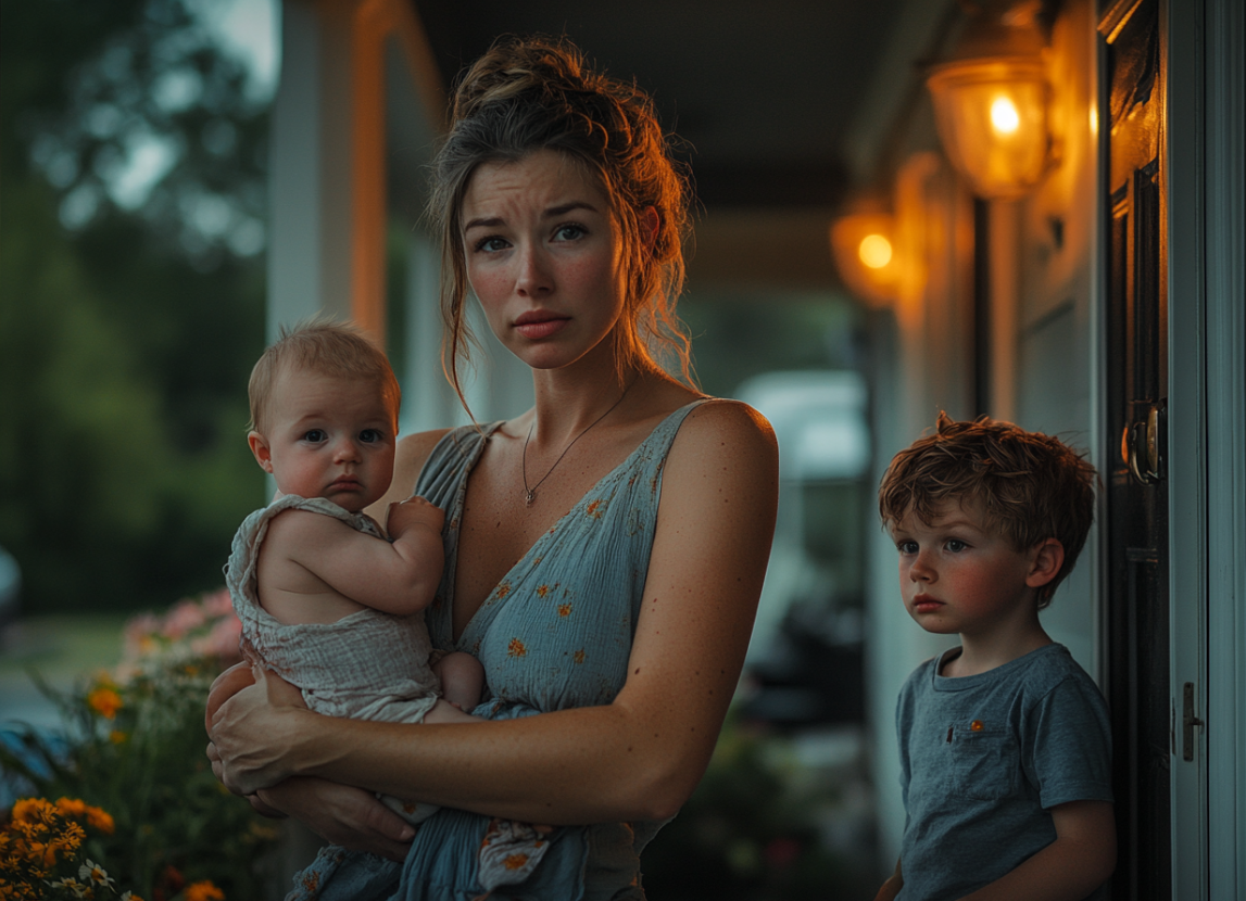 A woman standing on a porch with her kids | Source: Midjourney