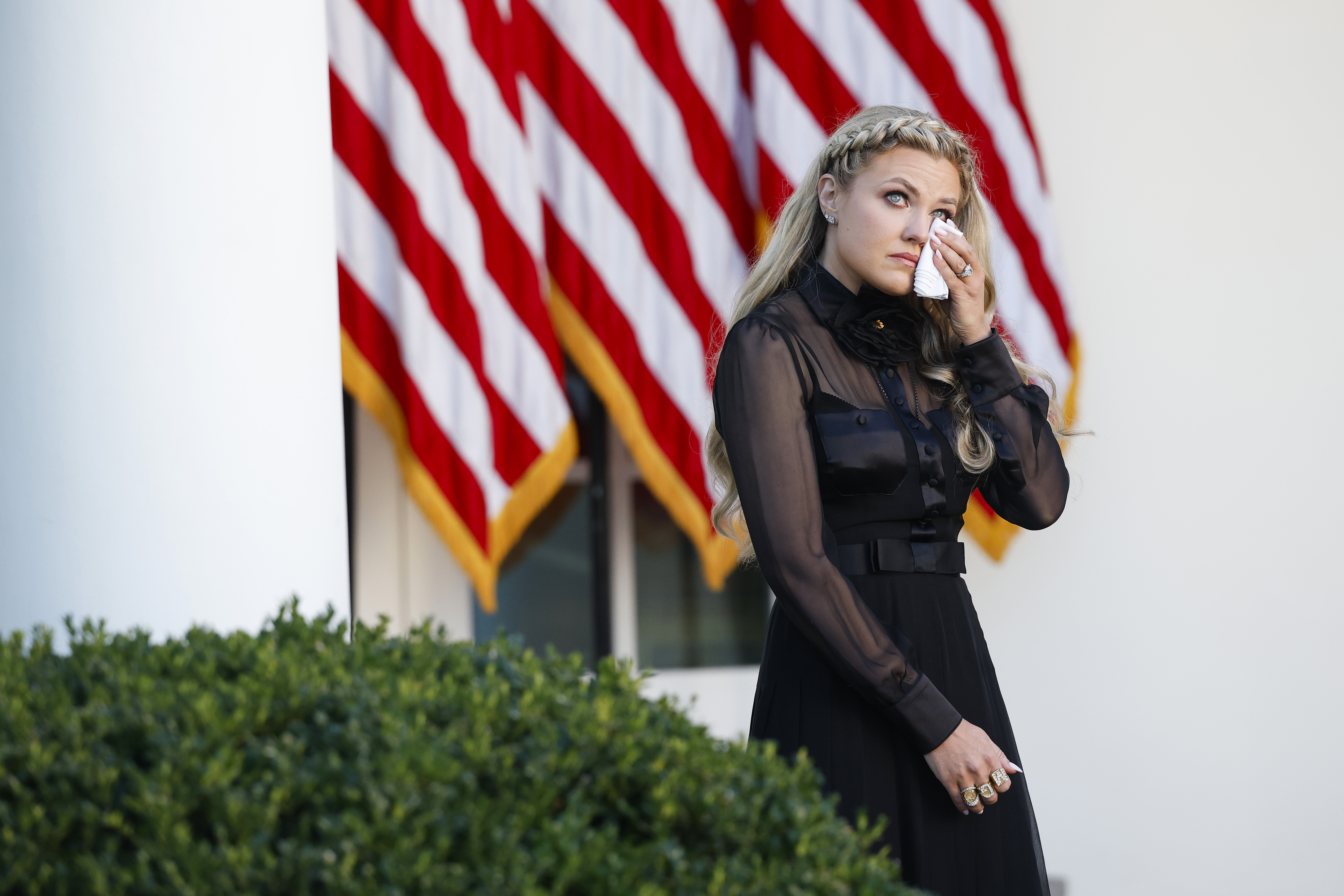 Erika Kirk becomes emotional as Donald Trump posthumously awards the Presidential Medal of Freedom to Charlie Kirk in the Rose Garden on October 14, 2025 in Washington, DC | Source: Getty Images