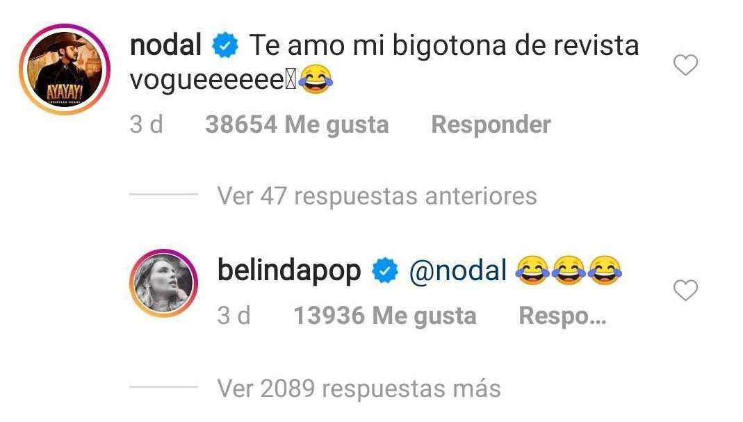 Comentarios de Nodal y Belinda. | Foto: captura de pantalla de Instagram/belindapop