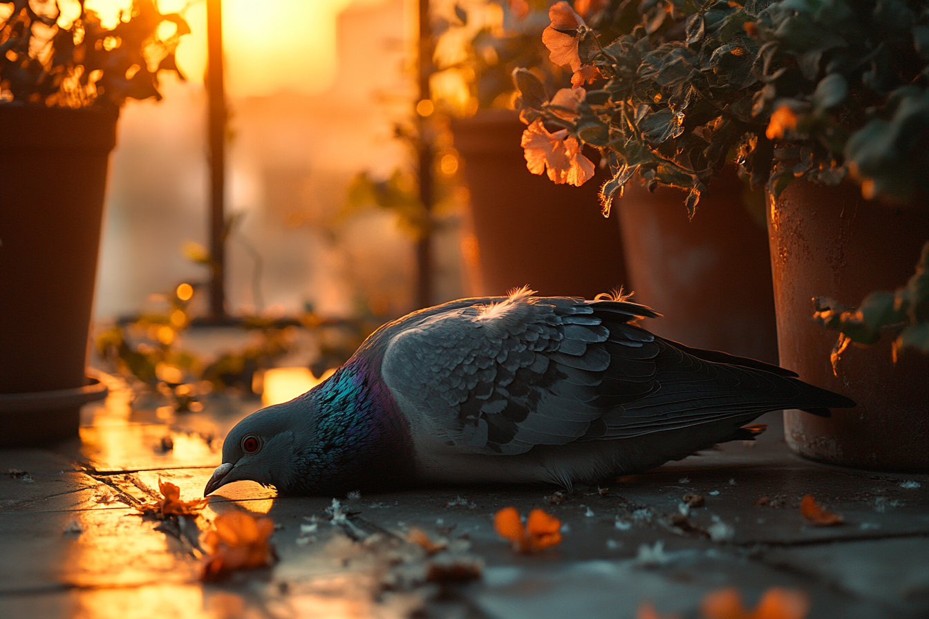 A dead pigeon lying near flowerpots | Source: Midjourney