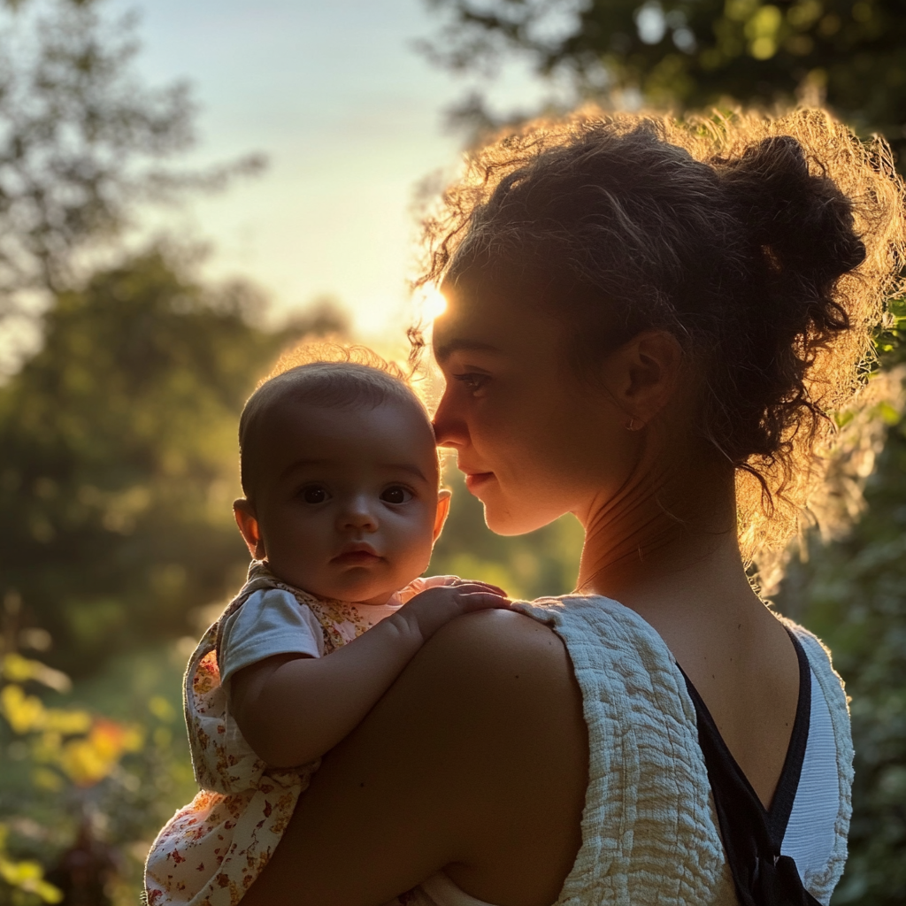 Young woman carrying her baby | Source: Midjourney