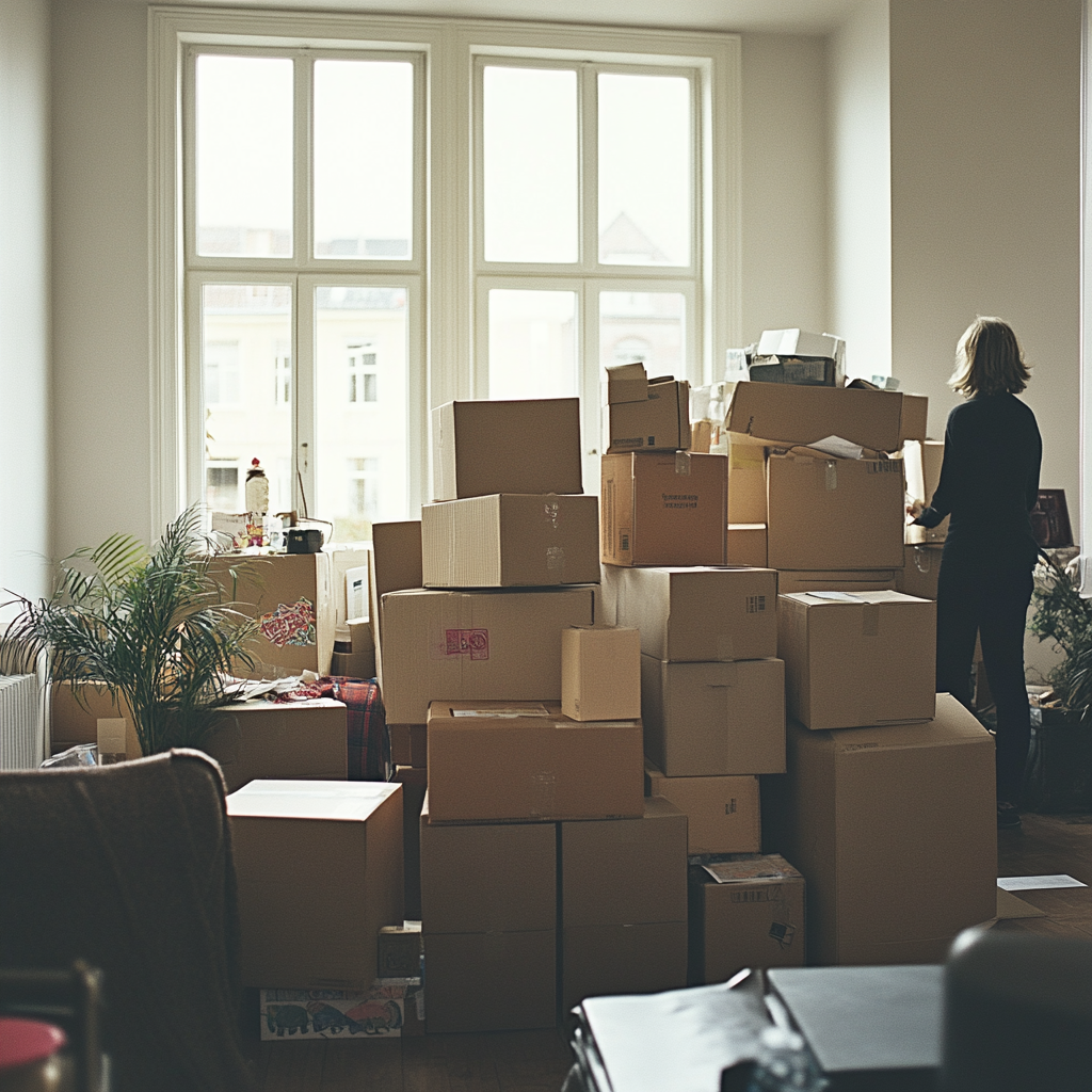 A stack of boxes in a living room | Source: Midjourney