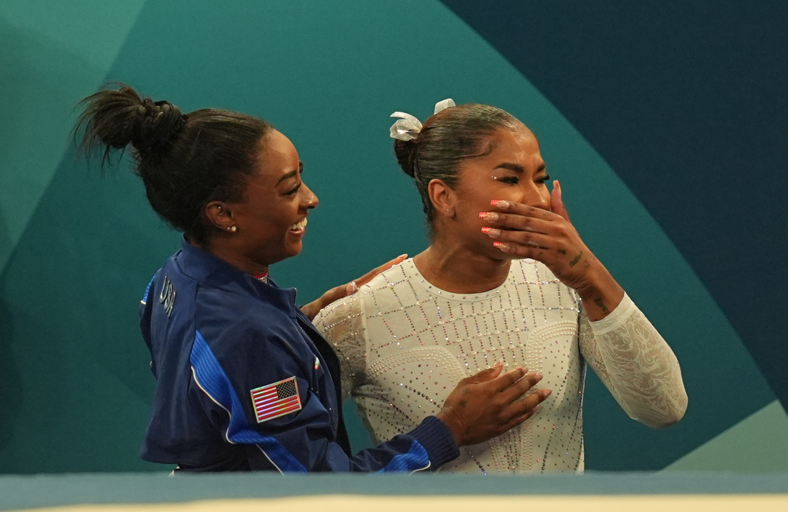 Jordan Chiles of USA and Simone Biles of USA celebrate during the Women's Artistic Gymnastics floor final on Day 10 of the Olympic Games Paris 2024 at Bercy Arena on August 5, 2024 in Paris, France | Source: Getty Images