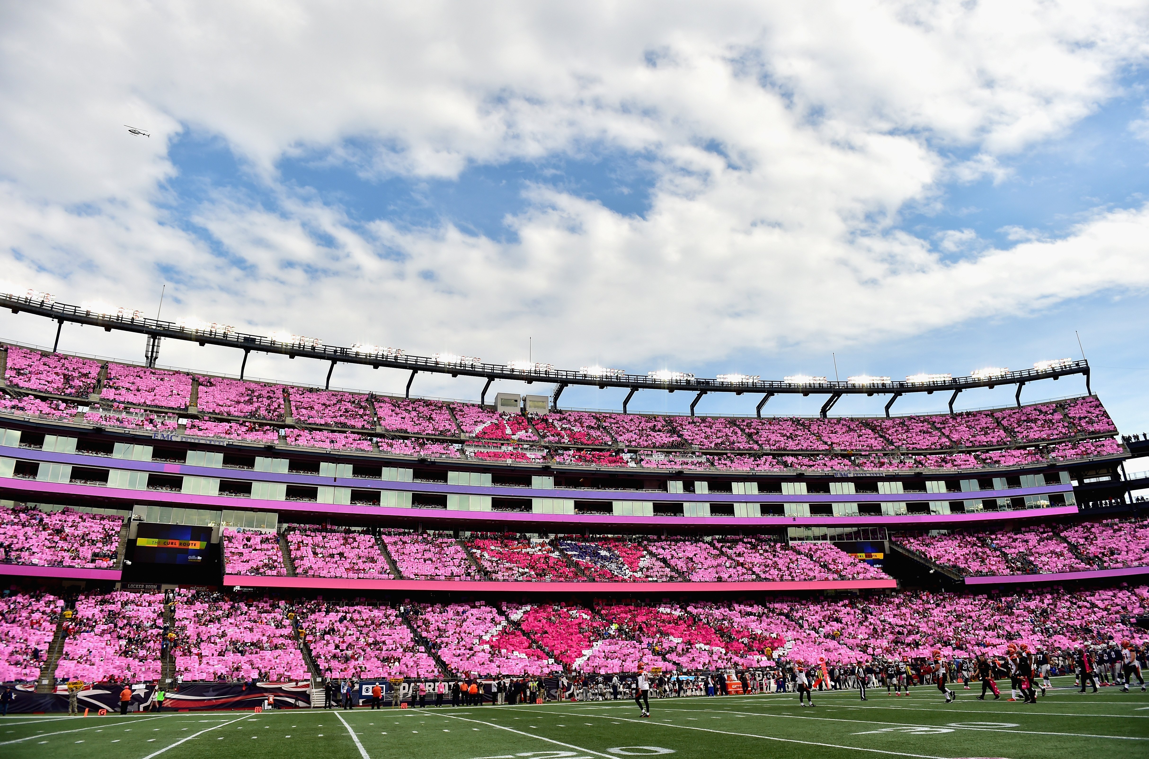 Fans participate in a card stunt for breast cancer awareness during a NFL match. | Source: Getty Images