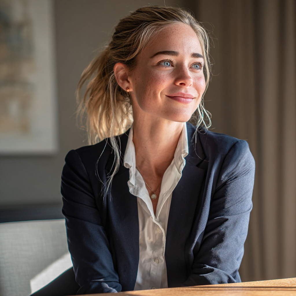 A smiling woman sitting at a table | Source: Midjourney
