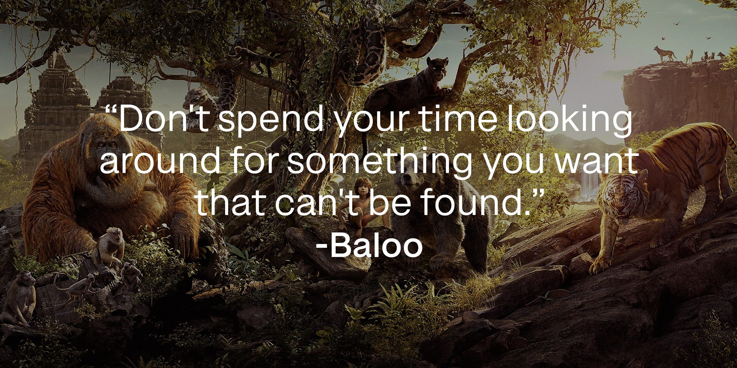 A photo of animals and a boy in the jungle from "The Jungle Book" with Baloo's quote: "Don't spend your time looking around for something you want that can't be found." | Source: facebook.com/DisneyJungleBook
