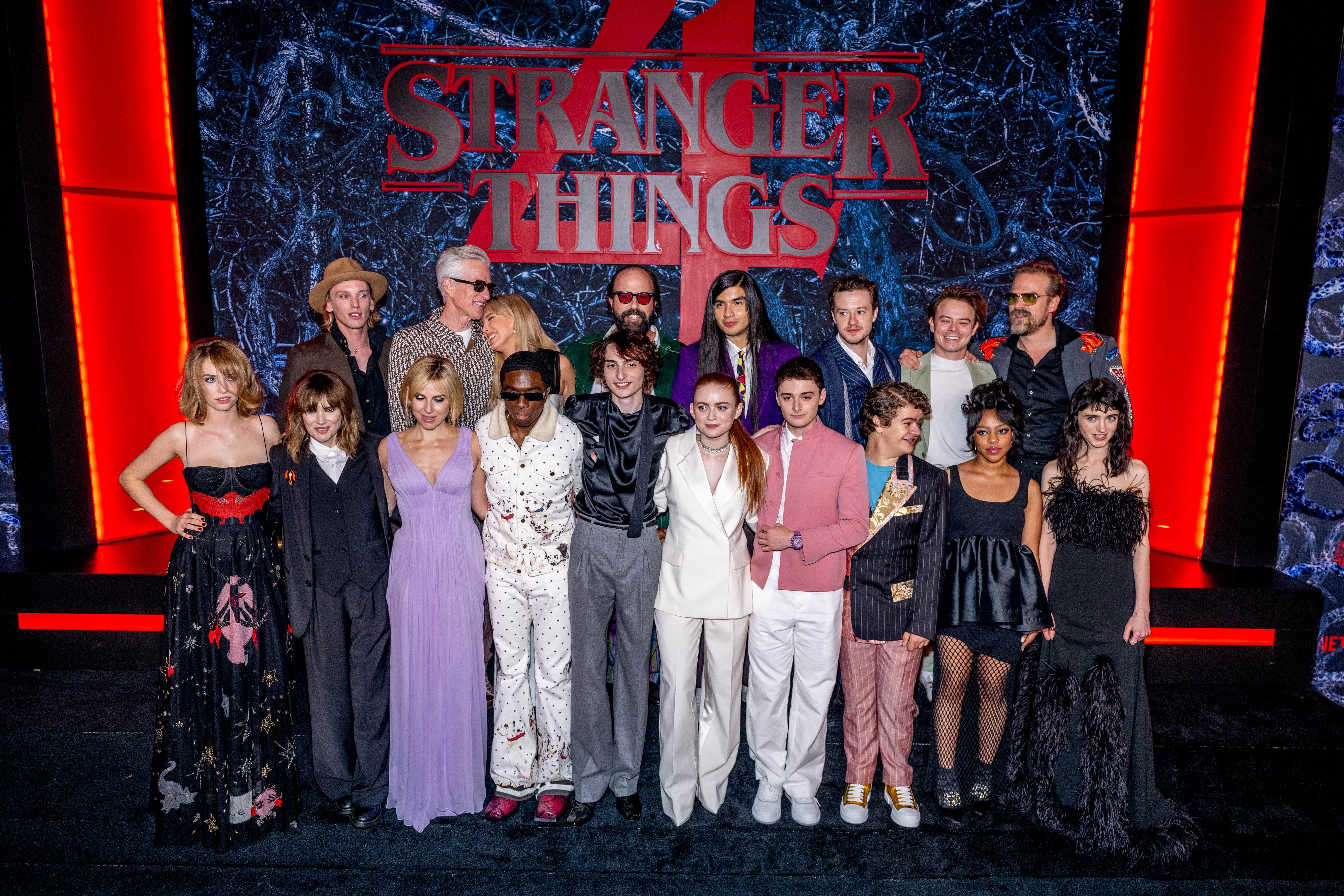 Cara Buono, Maya Hawke, Winona Ryder, Campbell Bower, Millie Bobby Brown, Matthew Modine, Caleb McLaughlin, Brett Gelman, Finn Wolfhard, Eduardo Franco, Sadie Sink, Noah Schnapp, Joseph Quinn, Gaten Matarazzo, Charlie Heaton, Priah Ferguson, David Harbour, Natalia Dyer and Joe Keery at the season 4 premiere of "Stranger Things" on May 14, 2022 | Source: Getty Images