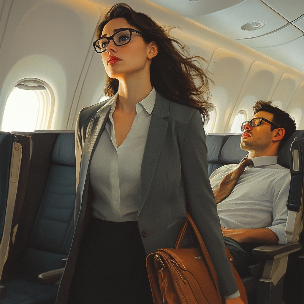 The woman walking away from the sleeping man as she heads to the planes exit | Source: Midjourney