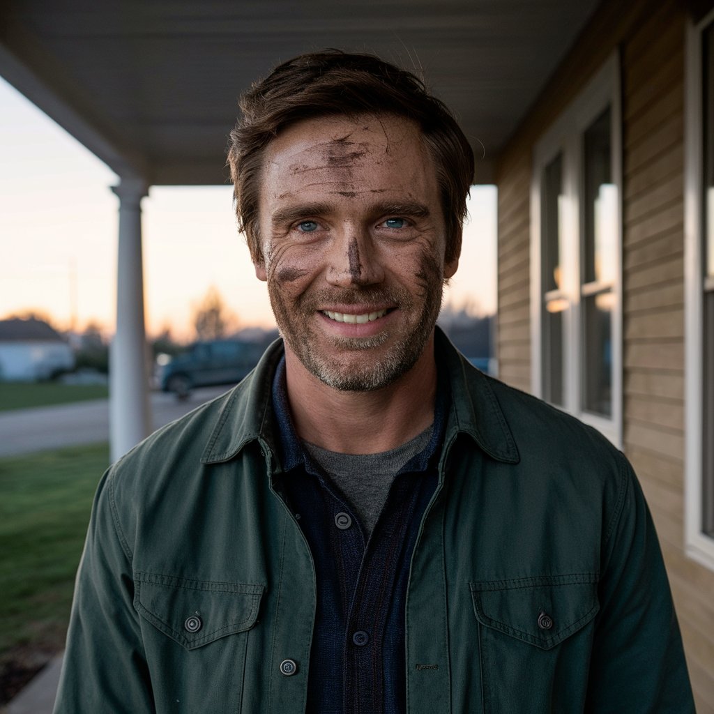 A man with a dirty face, standing on a front porch at dawn, smiling | Source: Midjourney